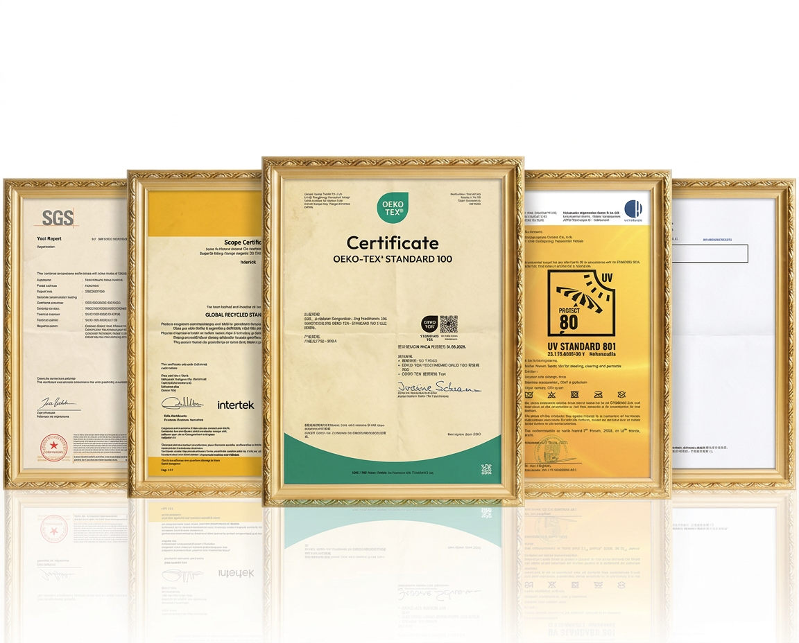 Framed supplier certifications held by our fabric mills — details shared during inquiry